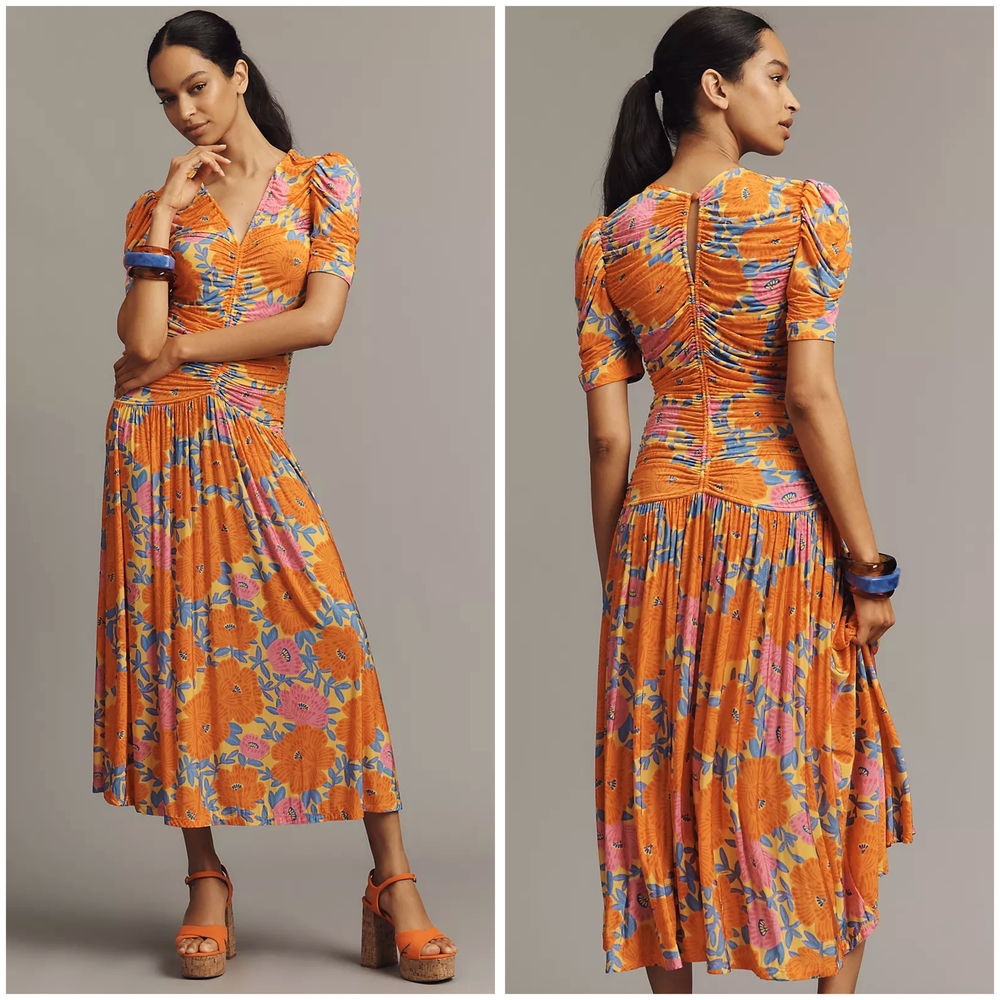 Farm Rio x Anthropologie, Short-Sleeve V-Neck Ruched Floral Print Midi Dress